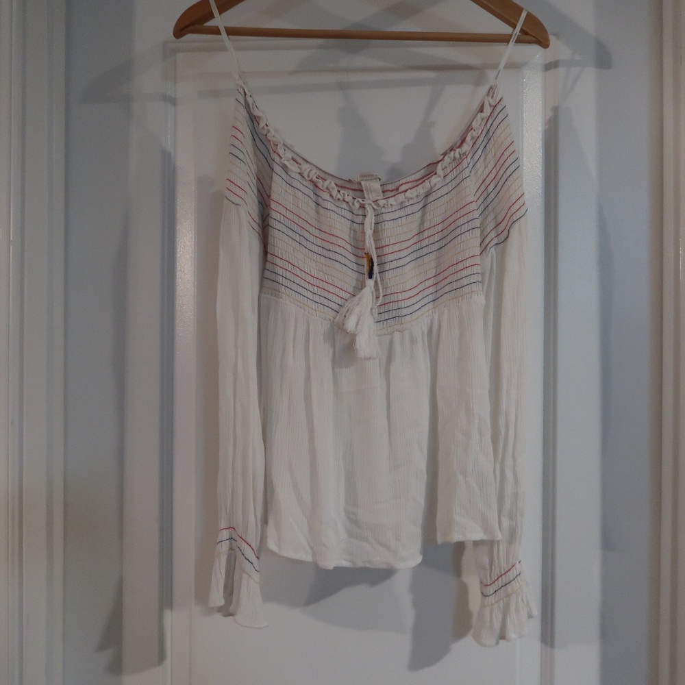 Off the Shoulder Crepe Top w/ Bell Sleeves